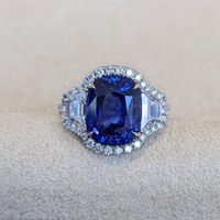 7.05 Ct. Blue Sapphire and Natural Diamond Antique Style Ring, 18K White Gold Life Style