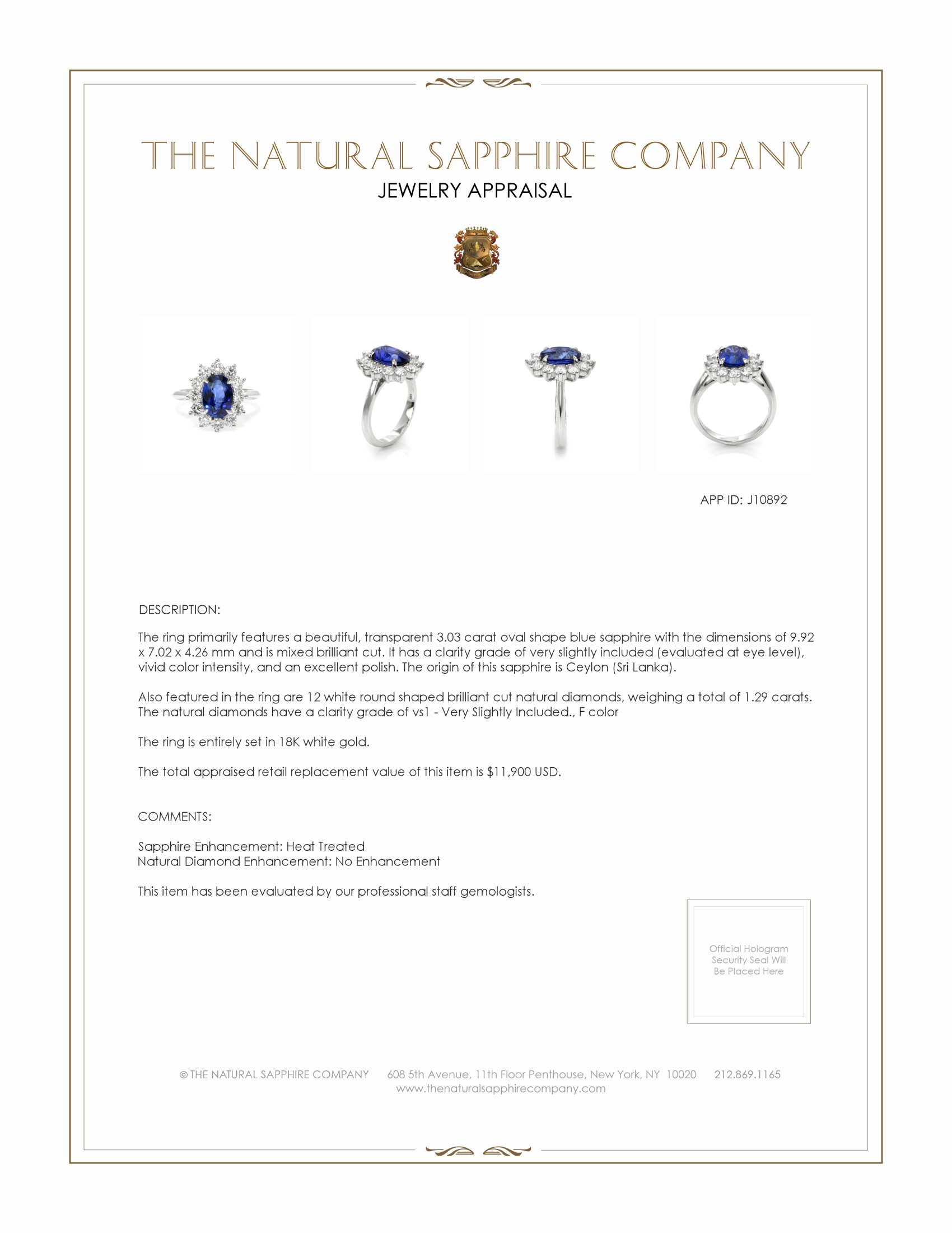 3.03 Ct. Blue Sapphire and Natural Diamond Halo Ring, 18K White Gold