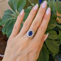 3.03 Ct. Blue Sapphire and Natural Diamond Halo Ring, 18K White Gold Life Style
