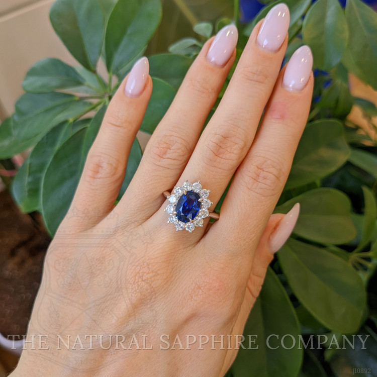 3.03 Ct. Blue Sapphire and Natural Diamond Halo Ring, 18K White Gold