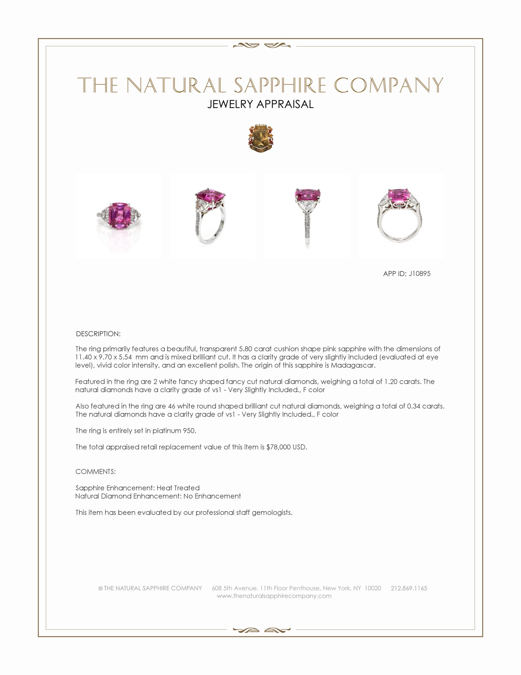 5.80 Ct. Pink Sapphire and Natural Diamond Three Stone Ring, Platinum 950