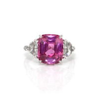 5.80 Ct. Pink Sapphire and Natural Diamond Three Stone Ring, Platinum 950 Video