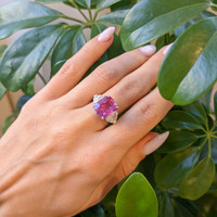 5.80 Ct. Pink Sapphire and Natural Diamond Three Stone Ring, Platinum 950 Life Style