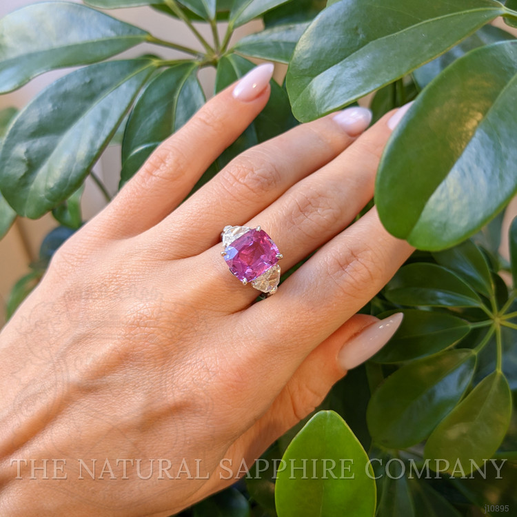 5.80 Ct. Pink Sapphire and Natural Diamond Three Stone Ring, Platinum 950