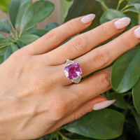 5.80 Ct. Pink Sapphire and Natural Diamond Three Stone Ring, Platinum 950 Life Style