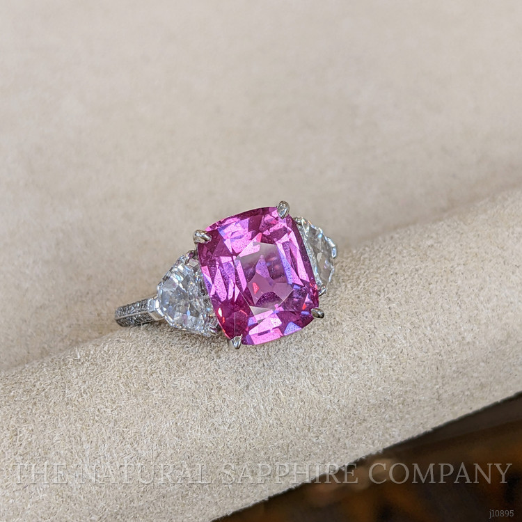 5.80 Ct. Pink Sapphire and Natural Diamond Three Stone Ring, Platinum 950
