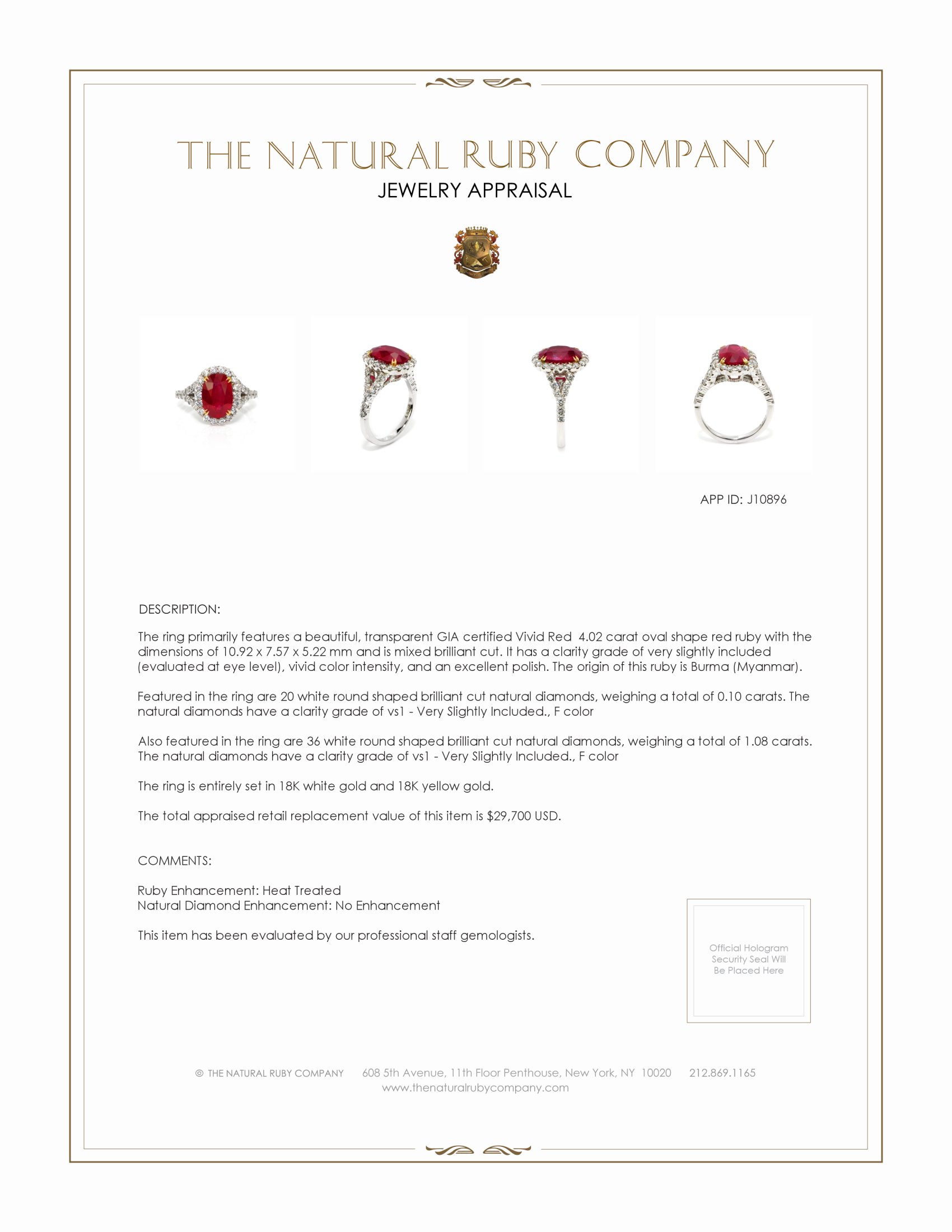 4.02 Ct. Ruby and Natural Diamond Pave Ring, 18K White & Yellow