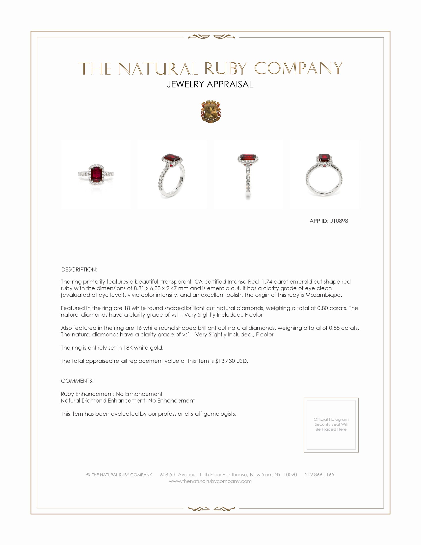 1.74 Ct. Ruby and Natural Diamond Pave Ring, 18K White Gold
