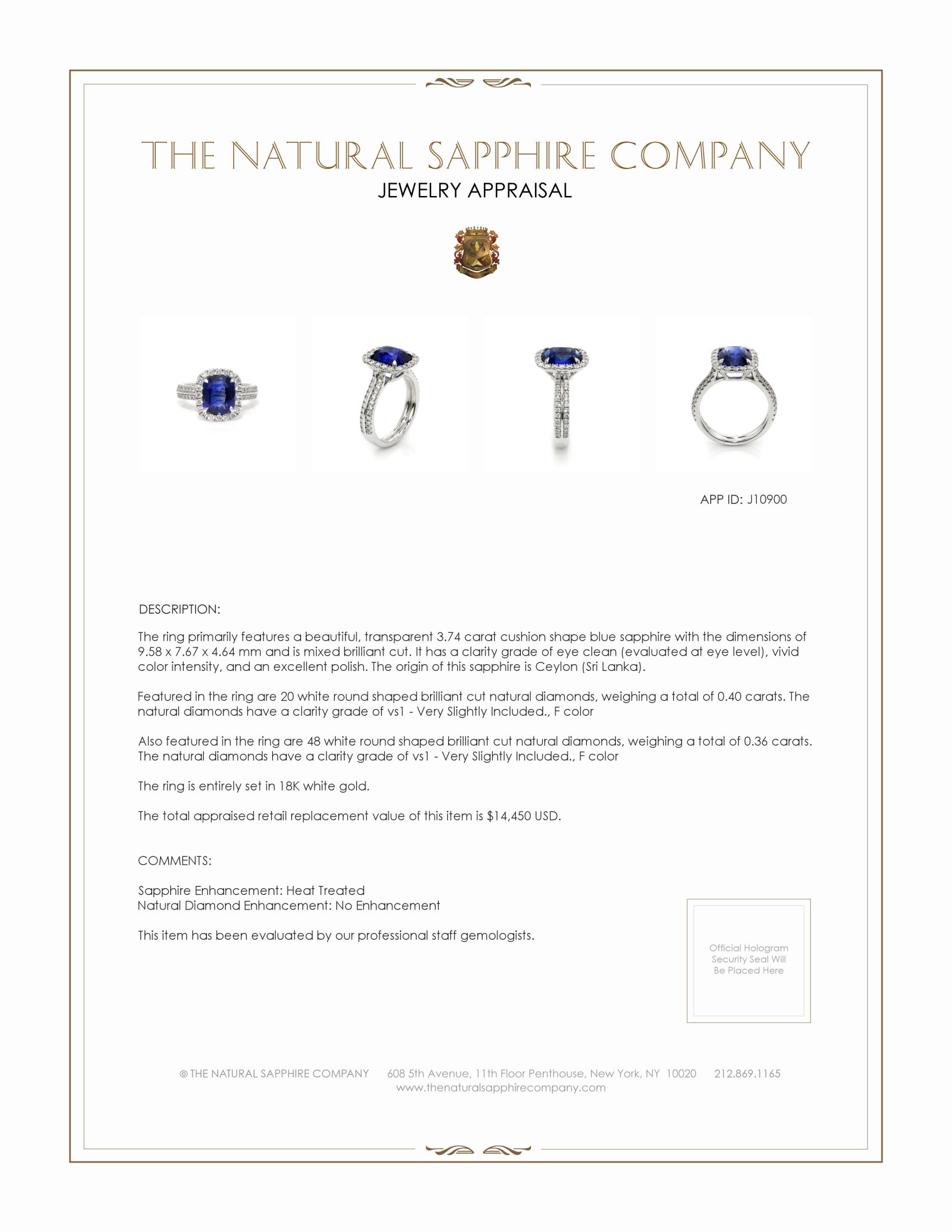 3.74 Ct. Blue Sapphire and Natural Diamond Pave Ring, 18K White Gold