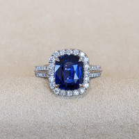 3.74 Ct. Blue Sapphire and Natural Diamond Pave Ring, 18K White Gold Life Style