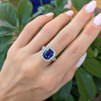 3.74 Ct. Blue Sapphire and Natural Diamond Pave Ring, 18K White Gold Life Style