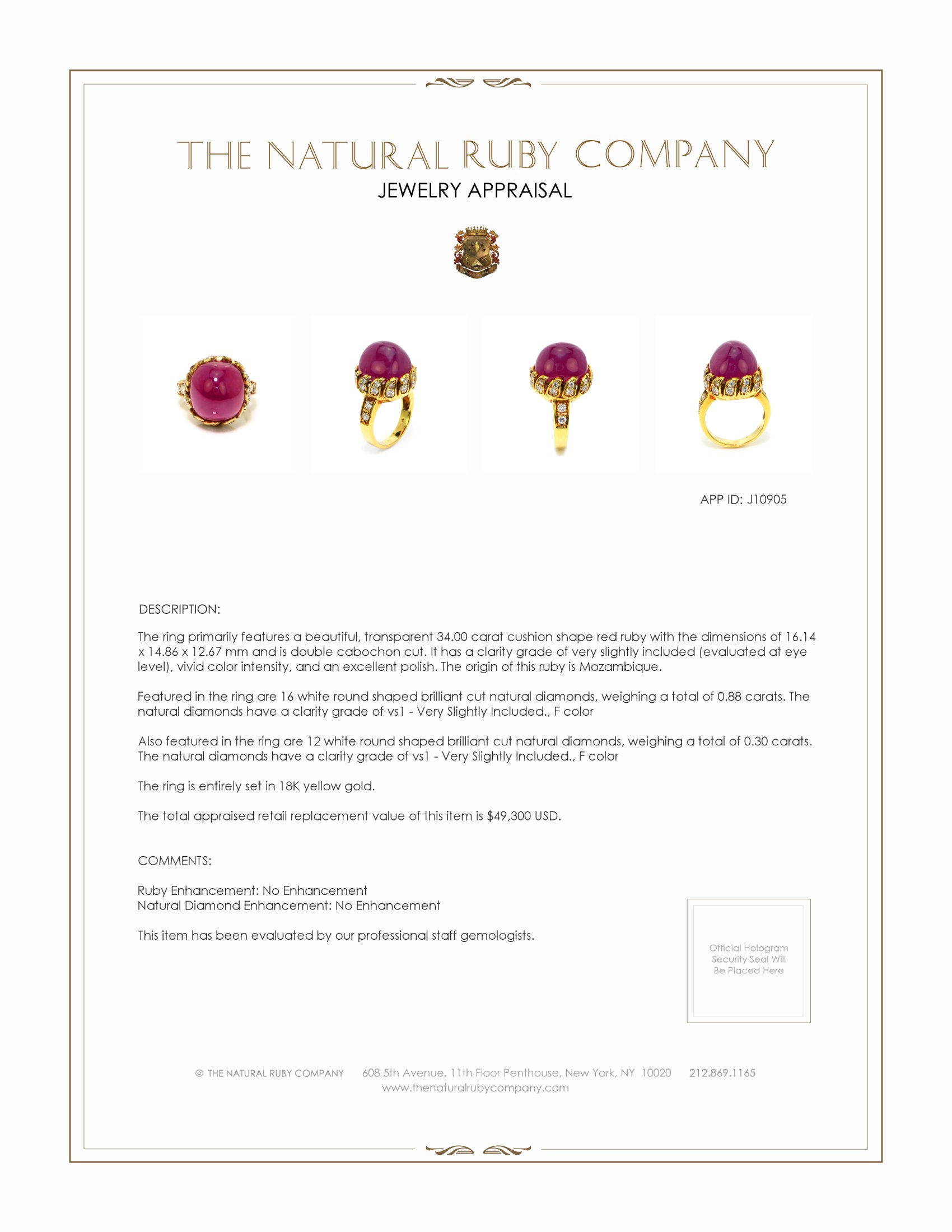 34.00 Ct. Ruby and Natural Diamond Antique Style Ring, 18K Yellow Gold