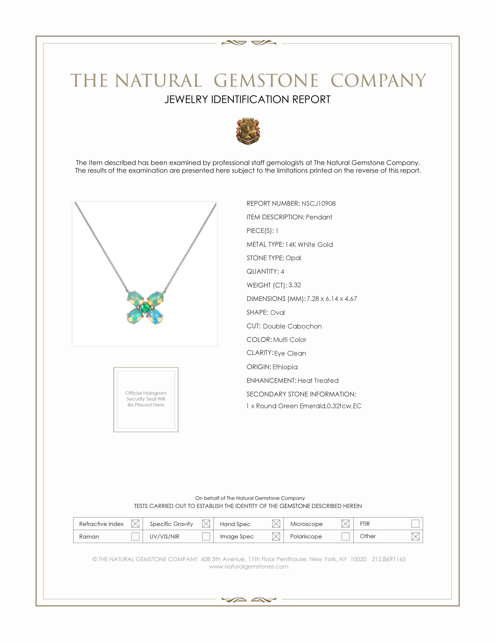 3.64 Ct.Tw. Multi Color Opal and Emerald Accent Stones Pendant, 14K White Gold