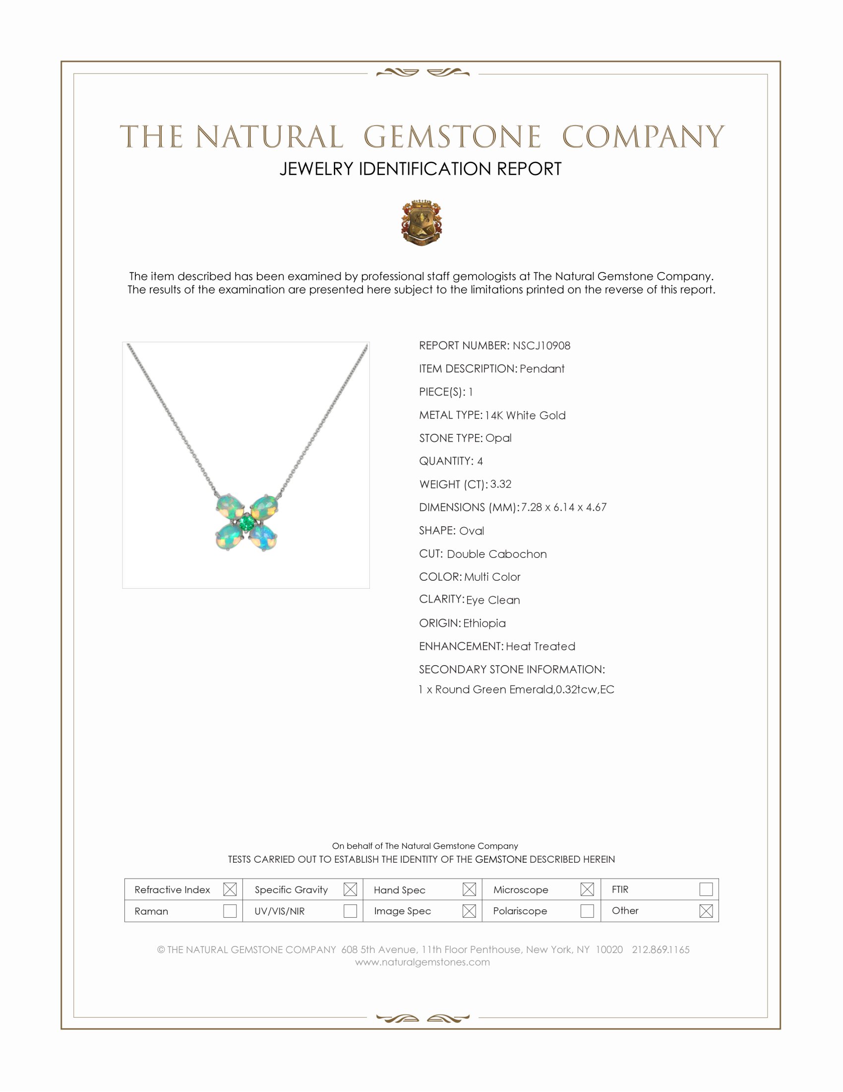 3.64 Ct.Tw. Multi Color Opal and Emerald Accent Stones Pendant, 14K White Gold