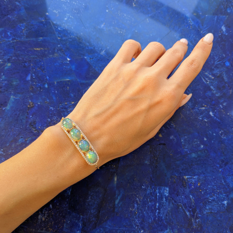 6.02 Ct.Tw. Opal Natural Diamond Pave Bracelet, 14K Yellow Gold