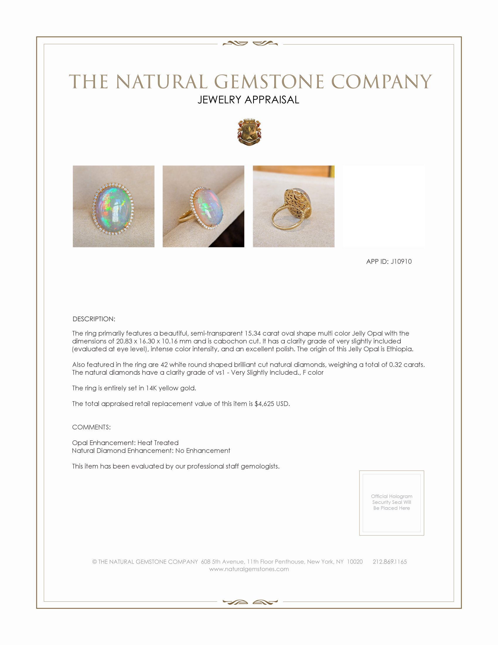 15.34 Ct. Opal Natural Diamond Antique Style Ring, 14K Yellow Gold