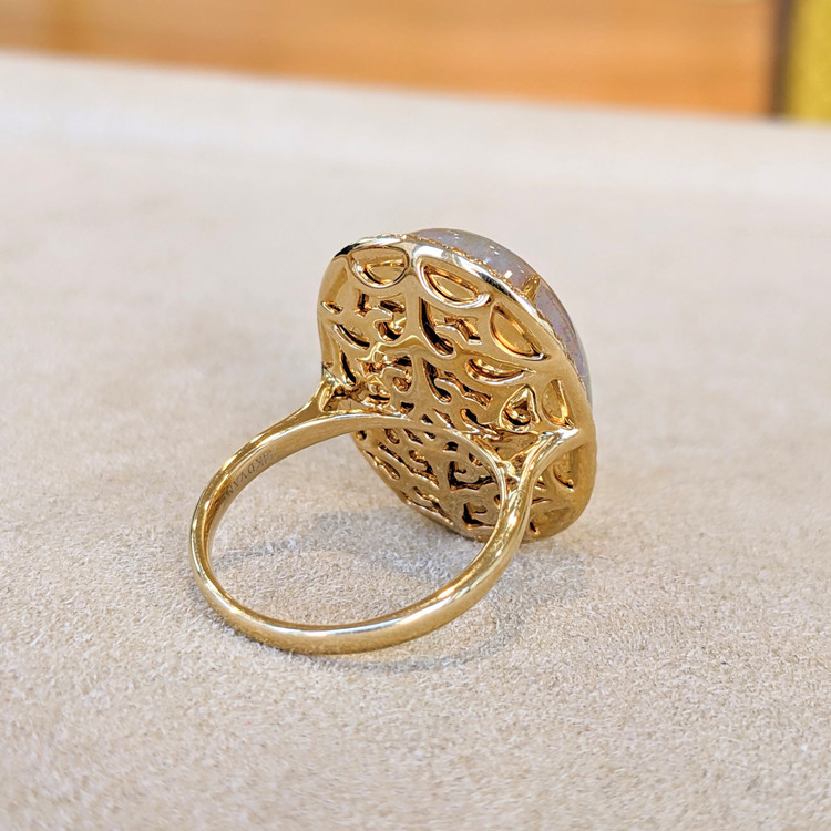 15.34 Ct. Opal Natural Diamond Antique Style Ring, 14K Yellow Gold