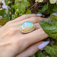 15.34 Ct. Opal Natural Diamond Antique Style Ring, 14K Yellow Gold Life Style