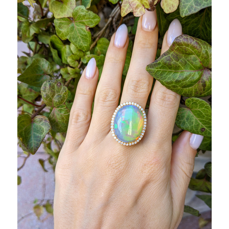 15.34 Ct. Opal Natural Diamond Antique Style Ring, 14K Yellow Gold