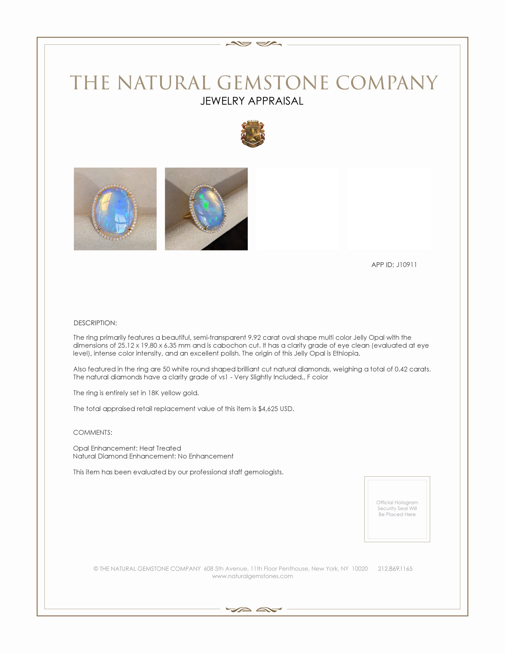 9.92 Ct. Multi Color Opal and Natural Diamond Antique Style Ring, 18K Yellow Gold