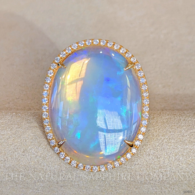 9.92 Ct. Opal Natural Diamond Antique Style Ring, 18K Yellow Gold