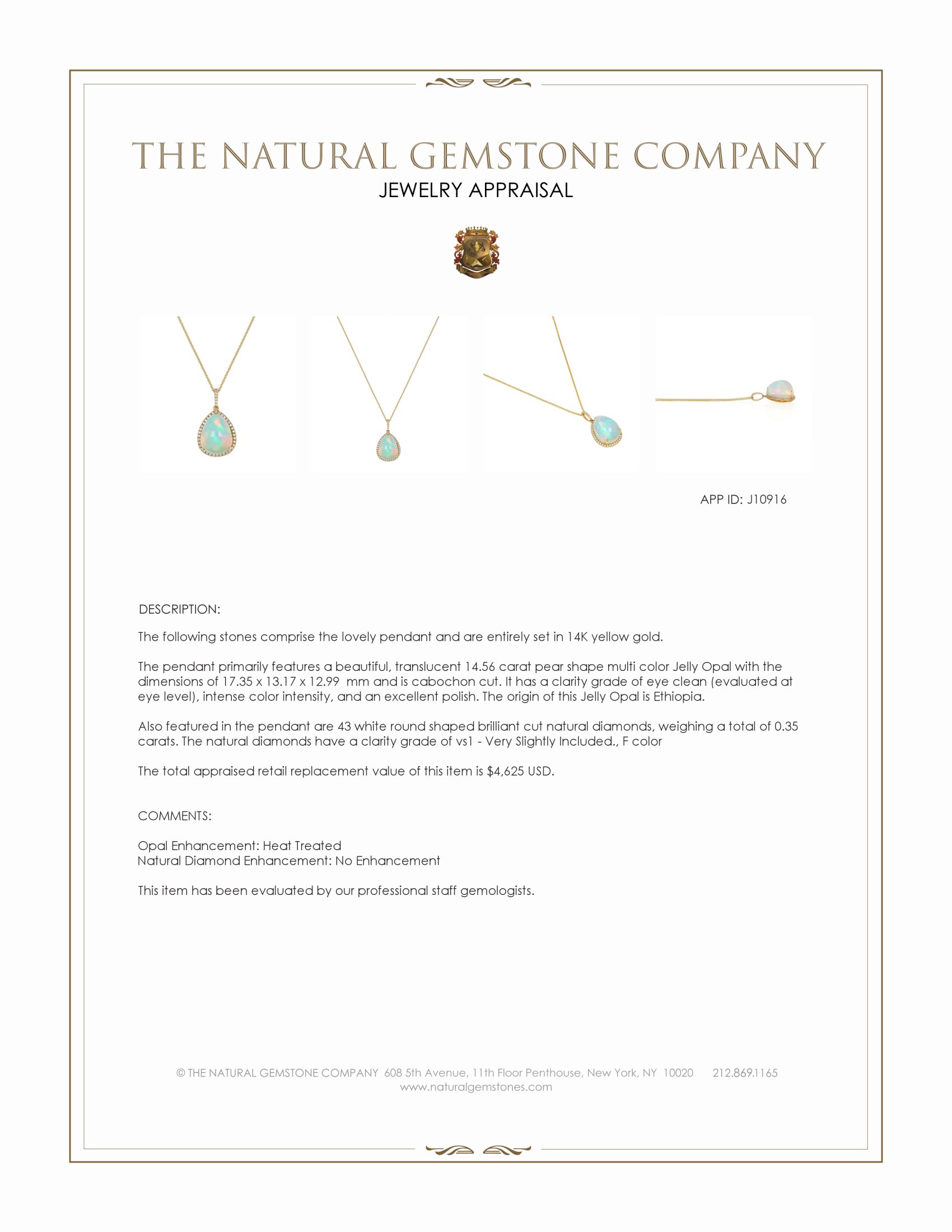 14.56 Ct. Multi Color Opal and Natural Diamond Antique Style Pendant, 14K Yellow Gold