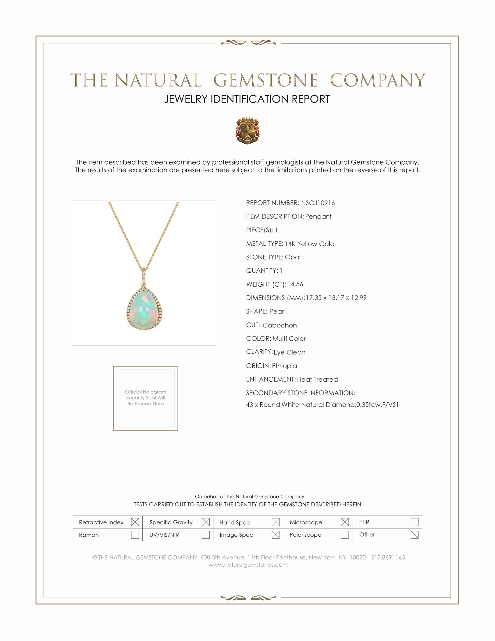14.56 Ct. Opal Natural Diamond Antique Style Pendant, 14K Yellow Gold