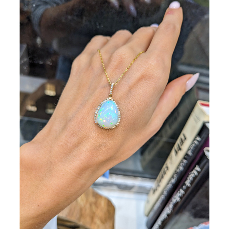 14.56 Ct. Opal Natural Diamond Antique Style Pendant, 14K Yellow Gold