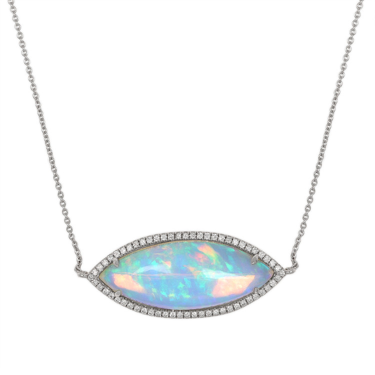 10.54 Ct. Opal Natural Diamond Halo Necklace, 14K White Gold