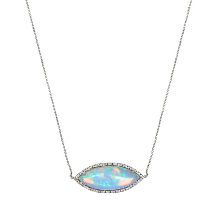 10.54 Ct. Opal Natural Diamond Halo Necklace, 14K White Gold