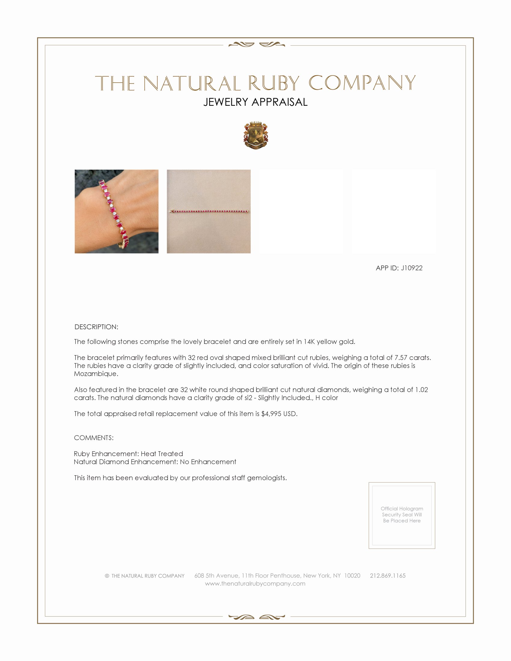 7.57 Ct.Tw. Ruby Natural Diamond Tennis/Line Bracelet, 14K Yellow Gold