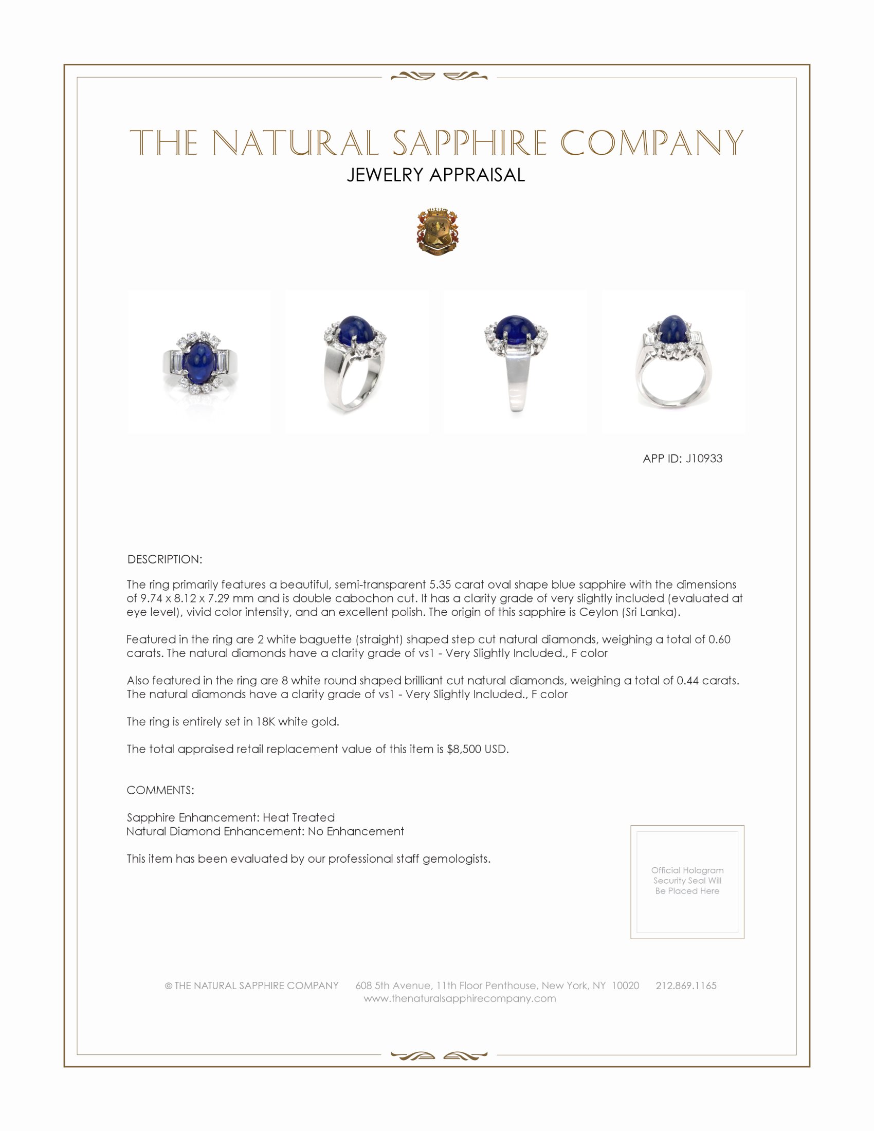 5.35 Ct. Blue Sapphire and Natural Diamond Antique Style Ring, 18K White Gold