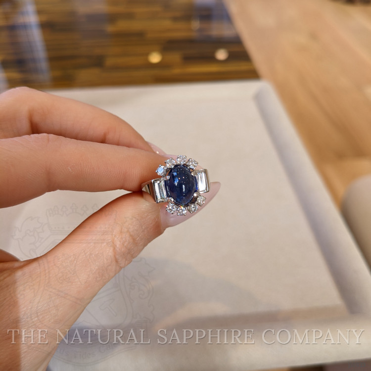 5.35 Ct. Blue Sapphire and Natural Diamond Antique Style Ring, 18K White Gold