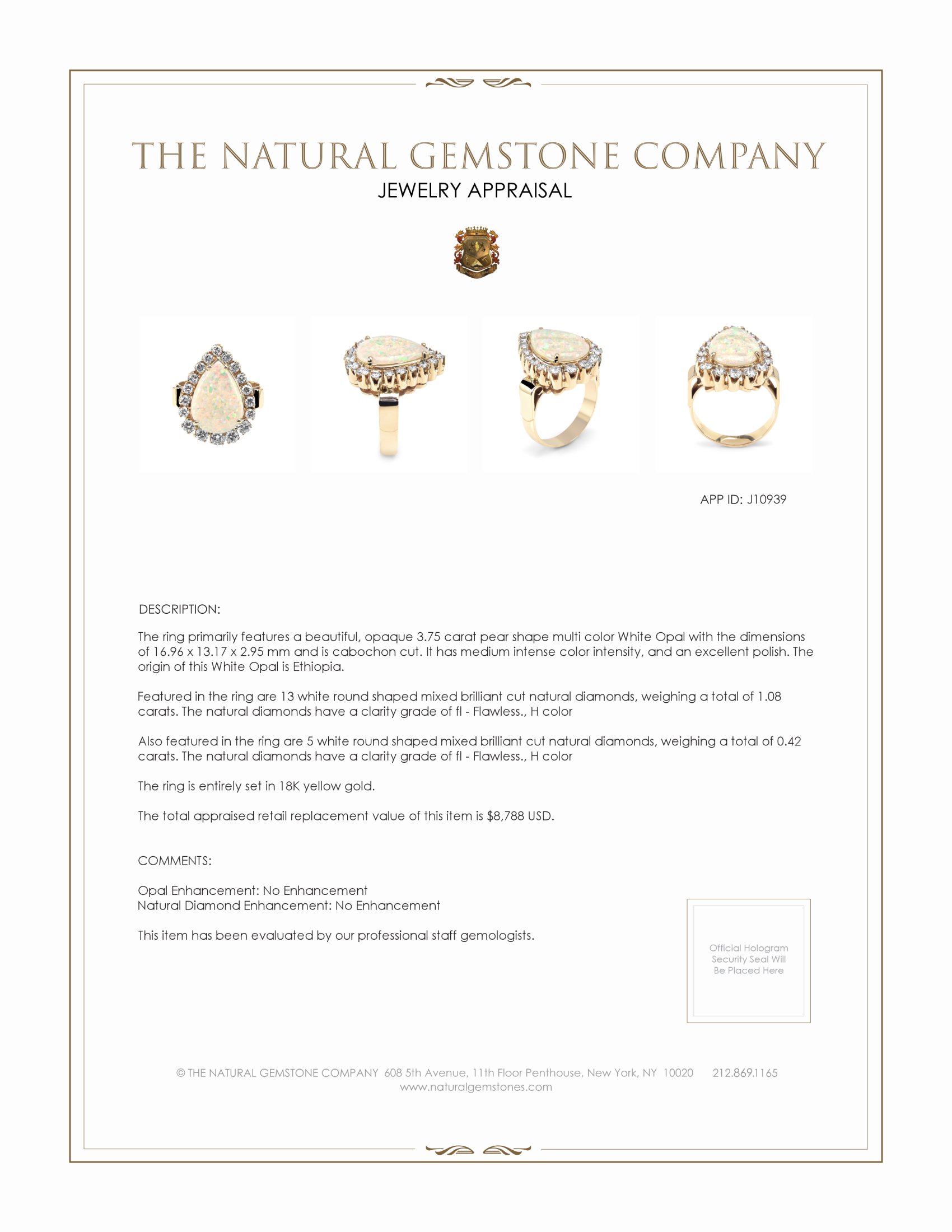 3.75 Ct. Opal Natural Diamond Halo Ring, 18K Yellow Gold