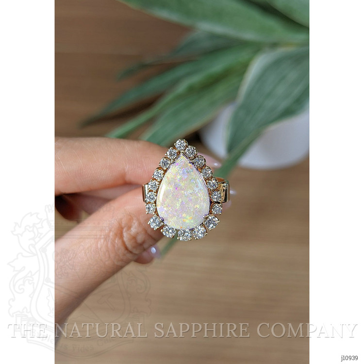 3.75 Ct. Opal Natural Diamond Halo Ring, 18K Yellow Gold