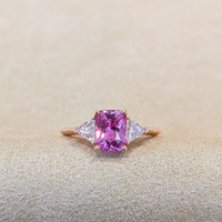 1.32 Ct. Pink Sapphire and Natural Diamond Three Stone Ring, 14K Rose Gold Life Style