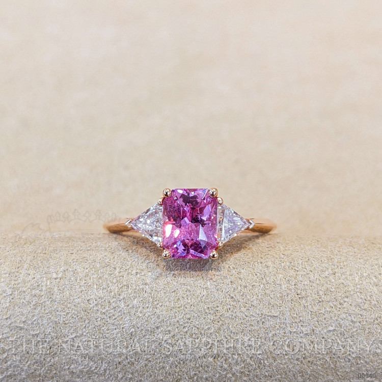 1.32 Ct. Pink Sapphire and Natural Diamond Three Stone Ring, 14K Rose Gold