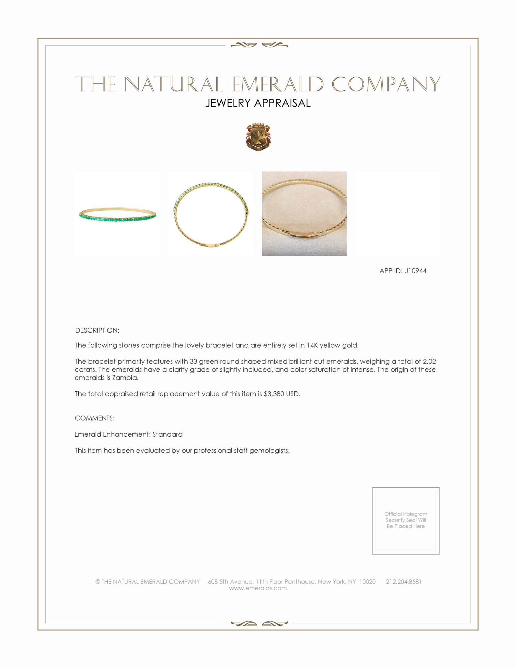 2.02 Ct.Tw. Emerald Bangle Bracelet, 14K Yellow Gold