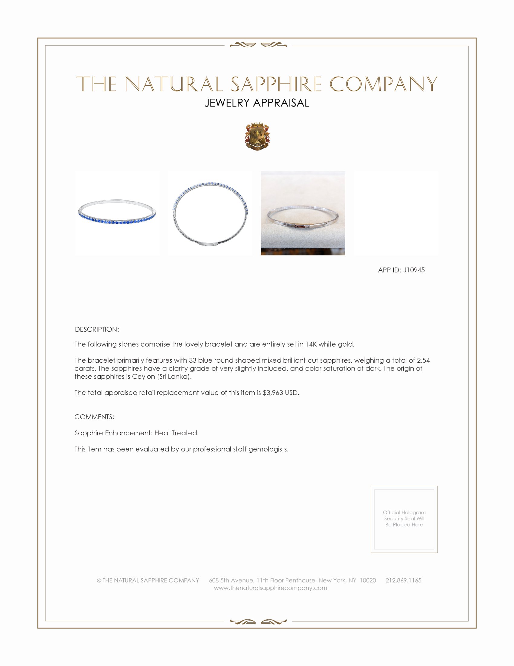 2.54 Ct.Tw. Blue Sapphire Bangle Bracelet, 14K White Gold