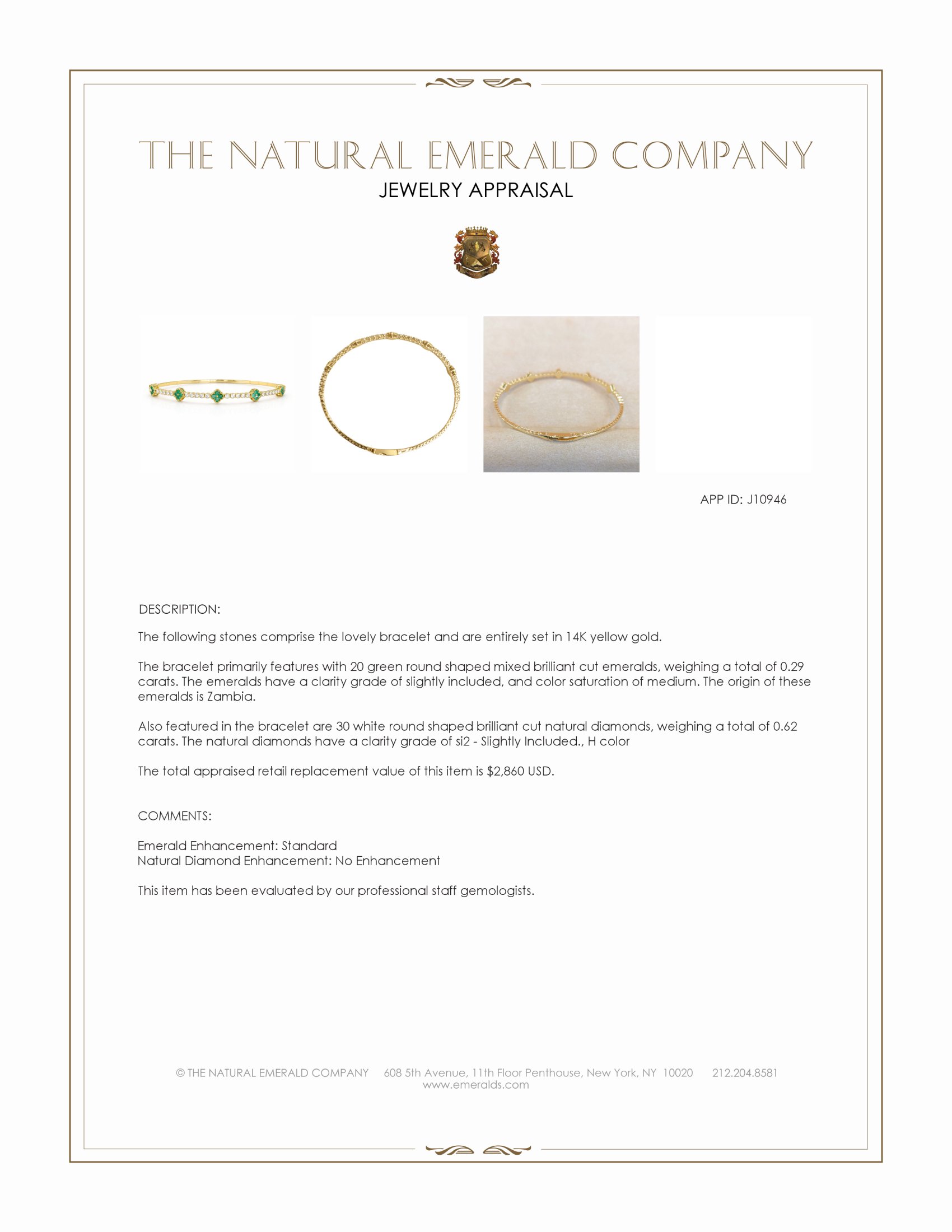 0.29 Ct.Tw. Emerald and Natural Diamond Bangle Bracelet, 14K Yellow Gold