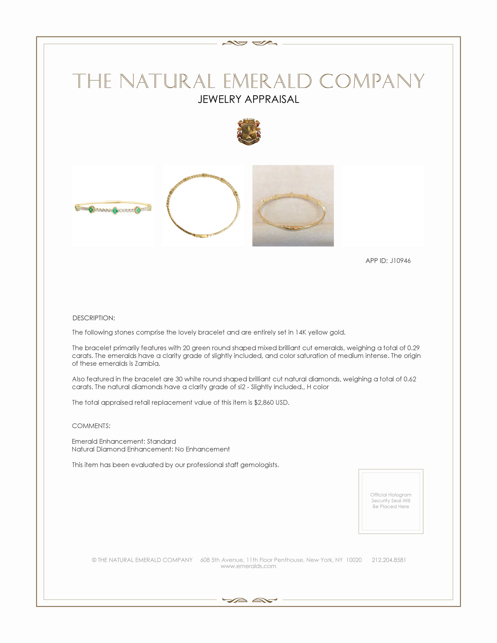 0.29 Ct.Tw. Emerald and Natural Diamond Bangle Bracelet, 14K Yellow Gold