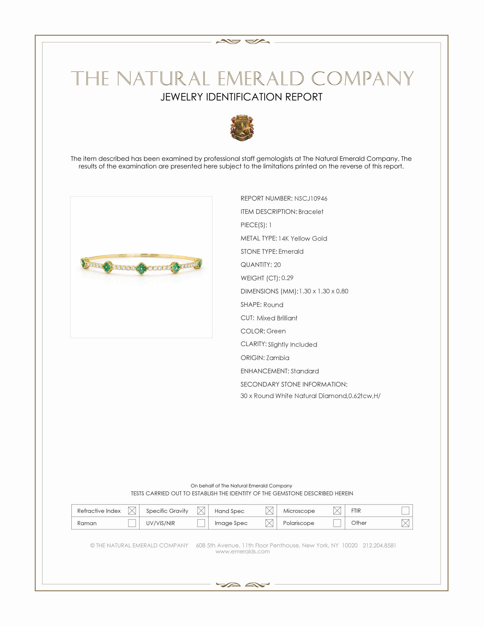 0.29 Ct.Tw. Emerald and Natural Diamond Bangle Bracelet, 14K Yellow Gold