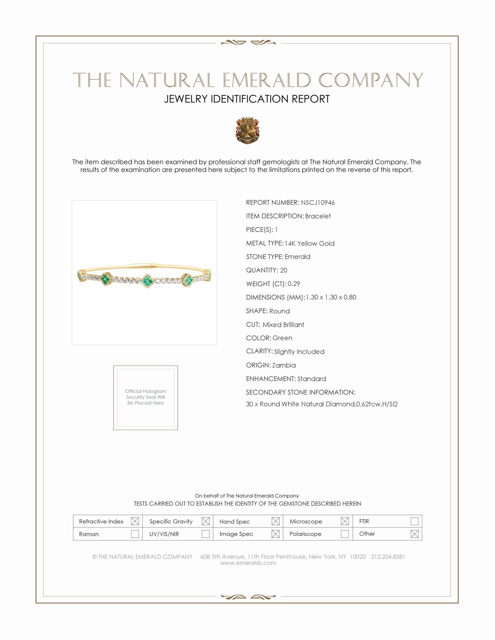 0.29 Ct.Tw. Emerald and Natural Diamond Bangle Bracelet, 14K Yellow Gold