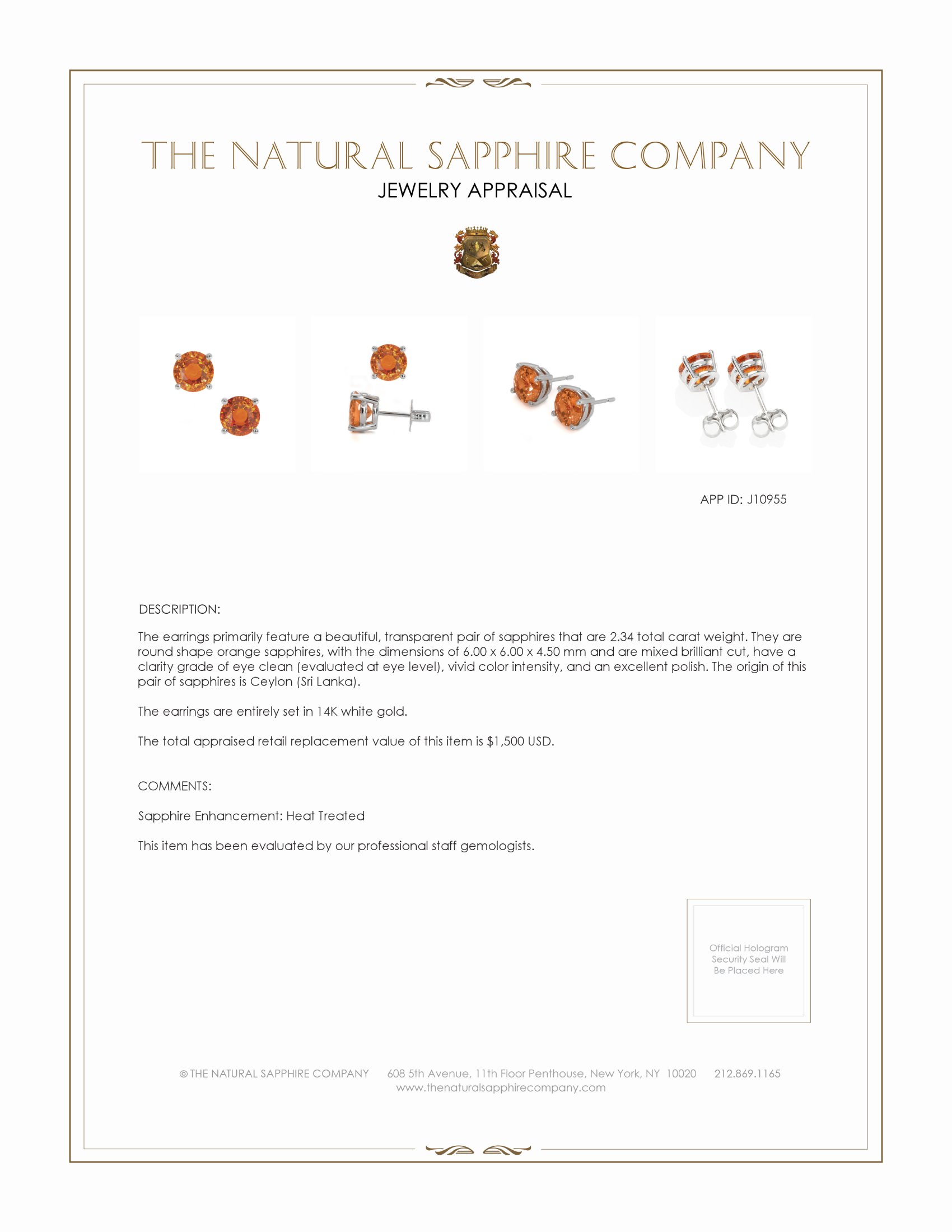 2.34 Ct.Tw. Orange Sapphire Studs Earrings, 14K White Gold