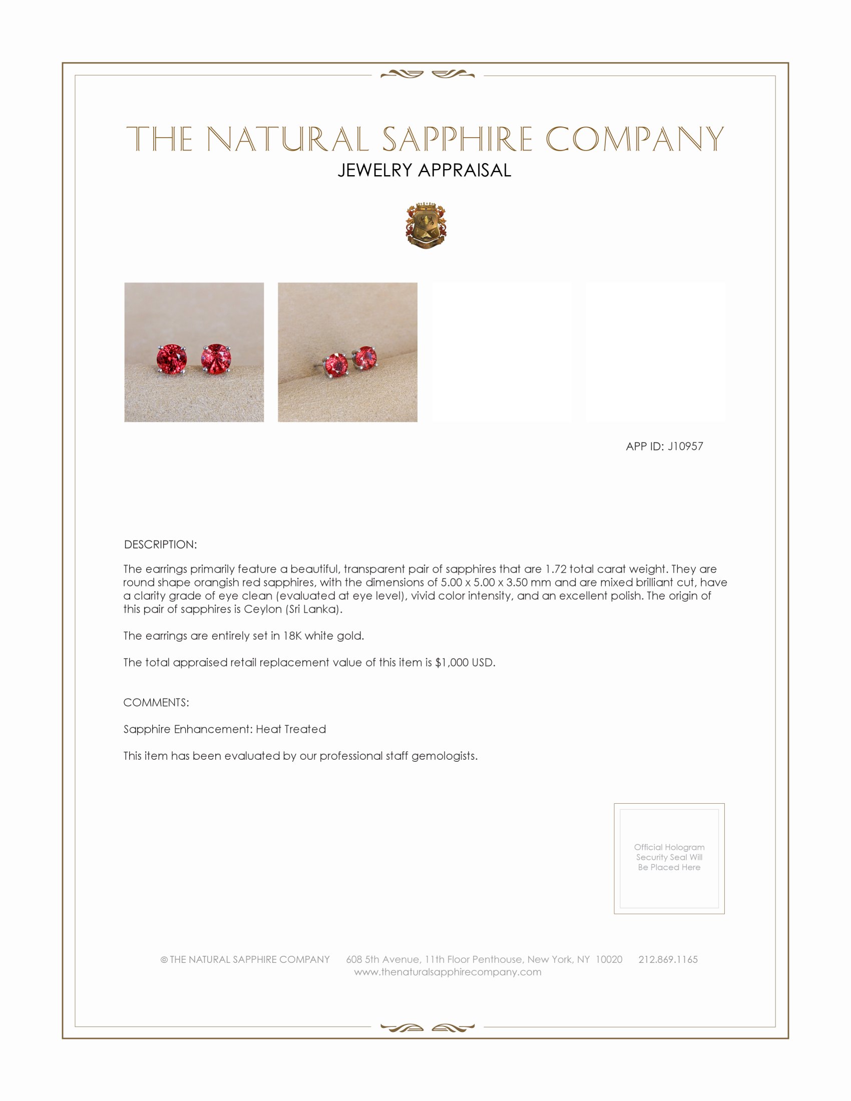 1.72 Ct.Tw. Reddish Orange Sapphire Studs Earrings, 18K White Gold