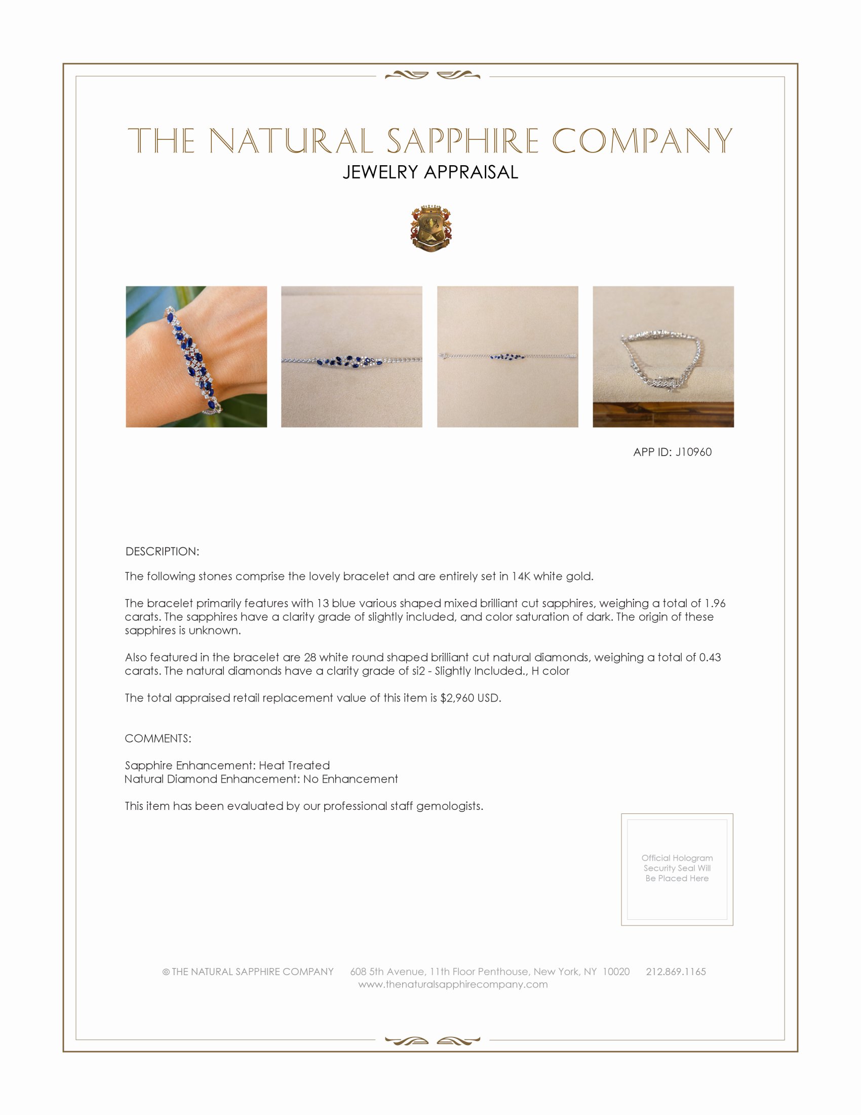 1.96 Ct.Tw. Blue Sapphire and Natural Diamond Pave Bracelet, 14K White Gold