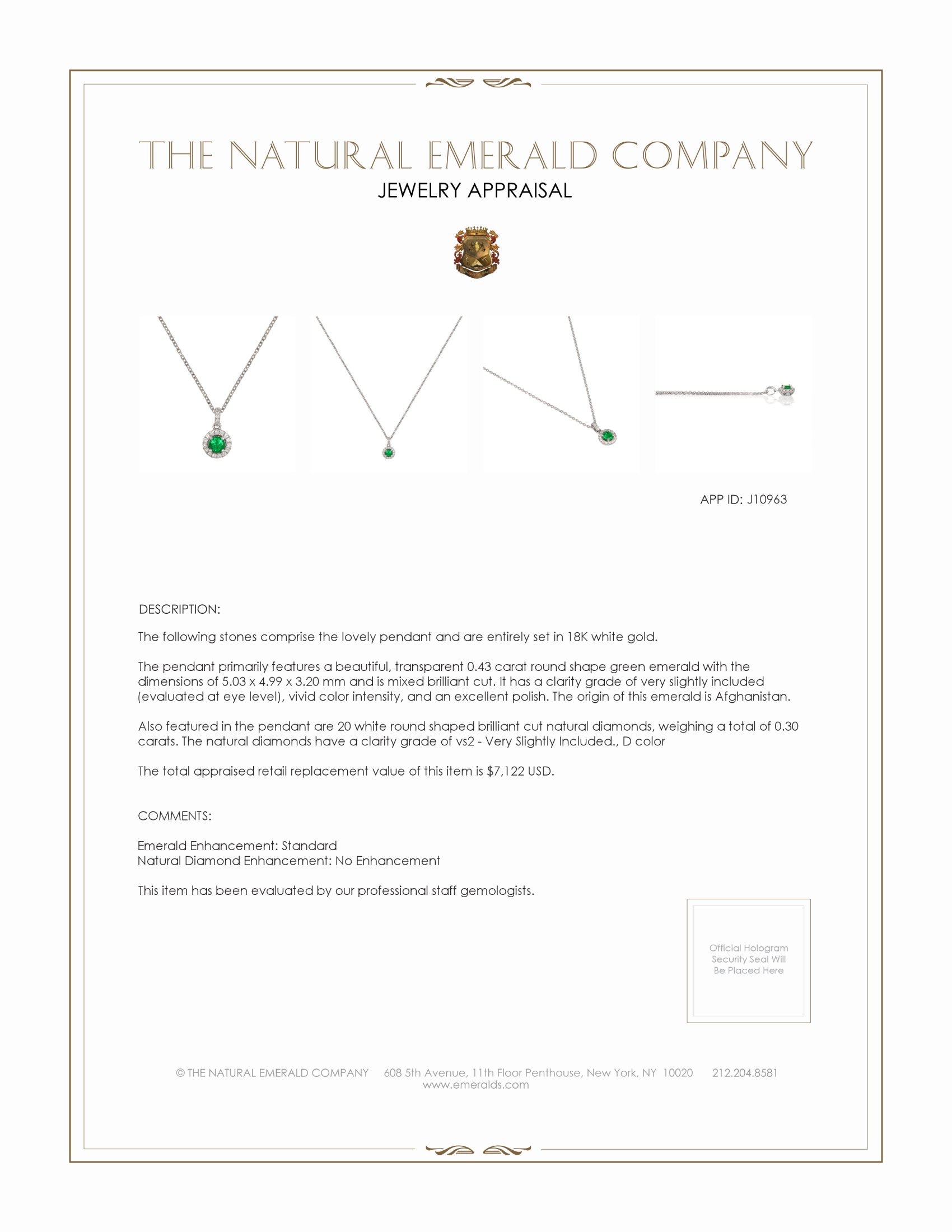 0.43 Ct. Emerald Natural Diamond Pave Pendant, 18K White Gold