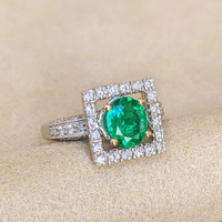 0.84 Ct. Emerald Natural Diamond Antique Style Ring, 18K White & Yellow Image