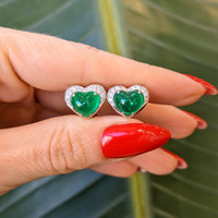 4.48 Ct.Tw. Emerald Natural Diamond Pave Earrings, 18K White Gold Life Style
