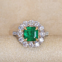 2.09 Ct. Emerald Natural Diamond Pave Ring, 18K White & Yellow Image
